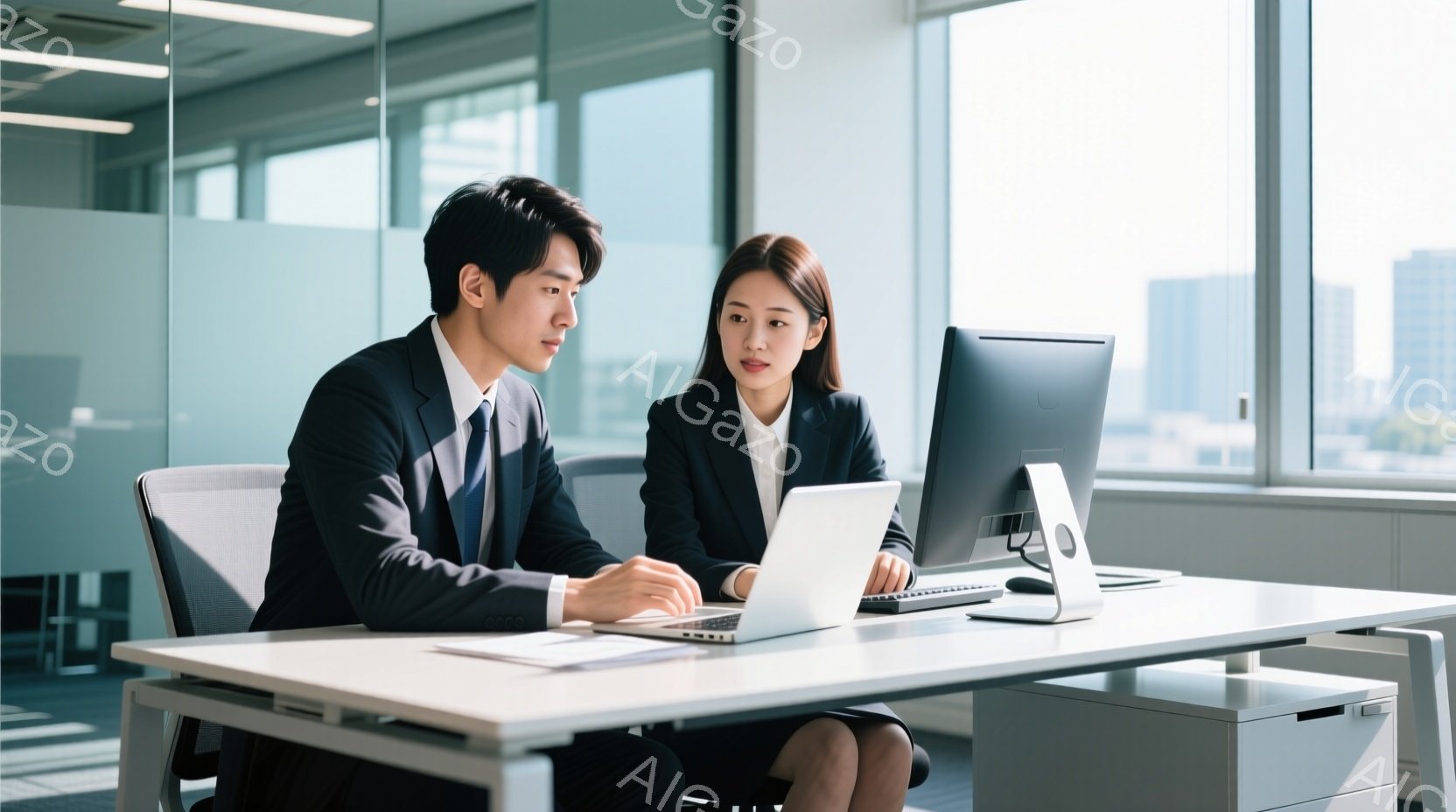 ビジネススーツを着た若い男性と女性が、明るいオフィスでパソコンに向かい合って座っている。男性はノートパソコンを操作しており、女性はモニターを見つめている様子から、仕事について話し合っているか、または共 - AI生成フリー素材