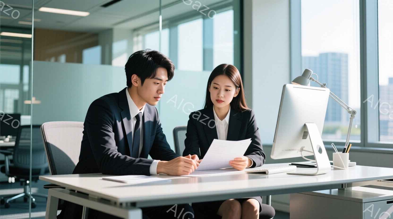 男性はオフィスで女性と共に業務を行っており、彼らは友好的な雰囲気の中で話し合っているようです。男性は書き続けており、女性は注意深く彼を聴いています。オフィスには現代的な家具があり、大窓から都市の景色が見えます。