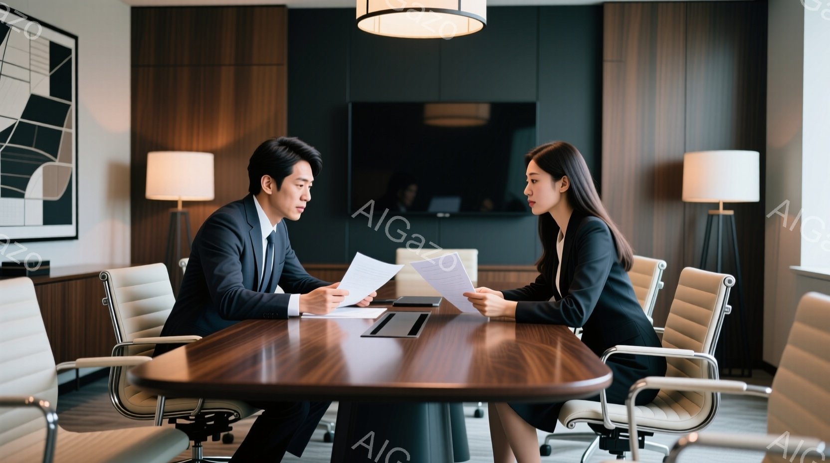 ビジネスシーンを捉えた写真で、男女のビジネスパーソンが会議室のテーブルを挟んで向かい合っている。男性は黒いスーツに白いシャツ、短髪で、書類を見ている。女性も黒いスーツにストレートヘアで、同じように書類 - AI生成フリー素材