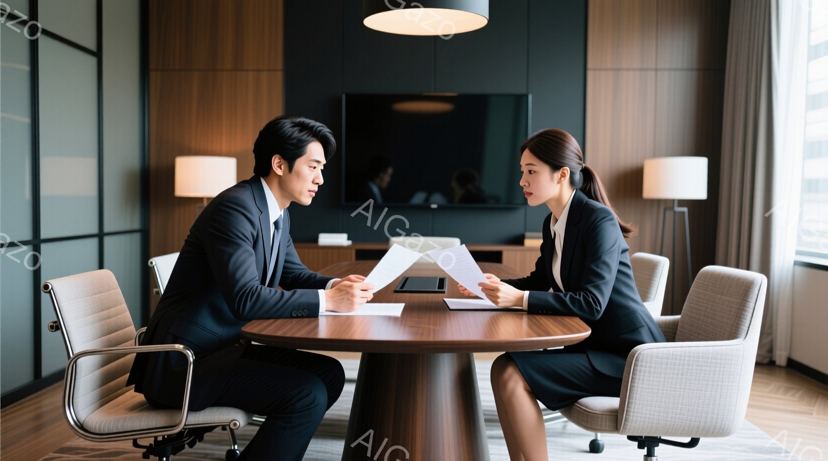 ビジネススーツを着た男性と女性が、円卓のテーブルを挟んで向かい合って座っており、それぞれ手に書類を持っている。二人は真剣な表情で書類を見下ろしており、ビジネス会議または面接のような状況であることが伺え - AI生成フリー素材