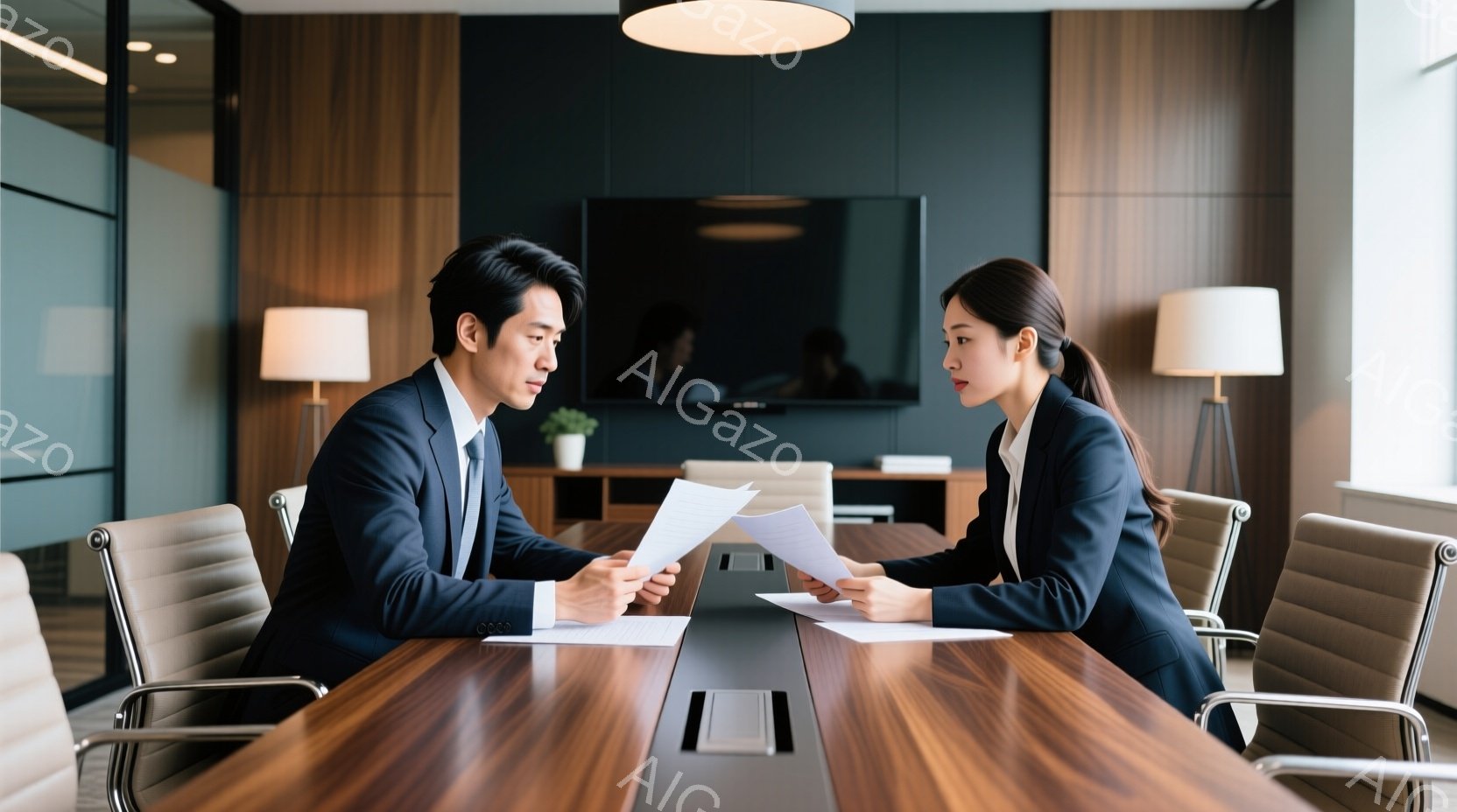 ビジネスシーンを写した画像で、一対一で向かい合って座る男女が写っています。男性はダークスーツに短髪で、書類を見ながらやや真剣な表情をしています。女性もダークスーツにロングヘアで、同じく書類を見ながら男性の方を向いており、やや緊張した面持ちに見えます。