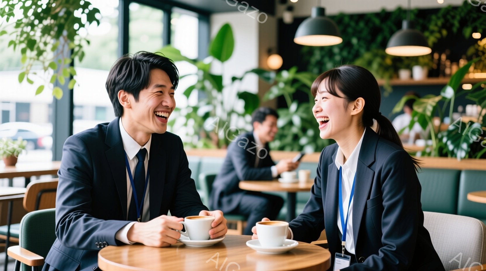 紺色のスーツに身を包んだ男女がカフェで向かい合って座り、笑顔で会話を楽しんでいます。男性は短髪で、女性はロングヘアです。背景には緑が生い茂り、明るい自然光が差し込み、リラックスした雰囲気を醸し出してい - AI生成フリー素材