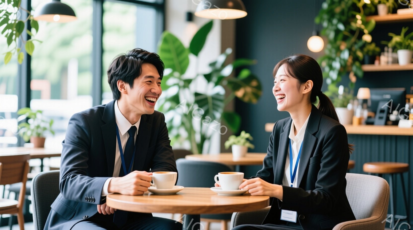 二人が笑顔で会話しているカフェシーン。男性は青のスーツ、女性は黒のブラウスで、髪型は両者ともショートカット。表情は楽しみと親密さを伝える。背景には緑豊かな植物があり、屋内の明るい空間である。全体として、快適で自然な会話の雰囲気が伝わる。