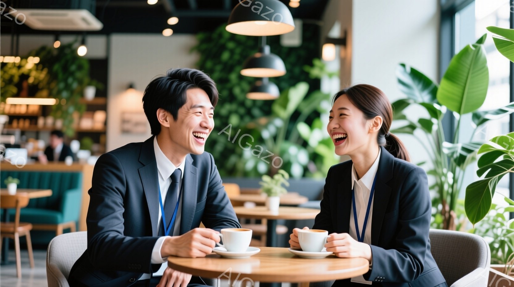 ビジネススーツを着た男女がカフェでコーヒーを飲みながら楽しそうに笑い合っています。男性は黒髪で、女性はポニーテールにしています。背景には緑の植物が置かれ、カフェの落ち着いた雰囲気が漂っています。 - AI生成フリー素材