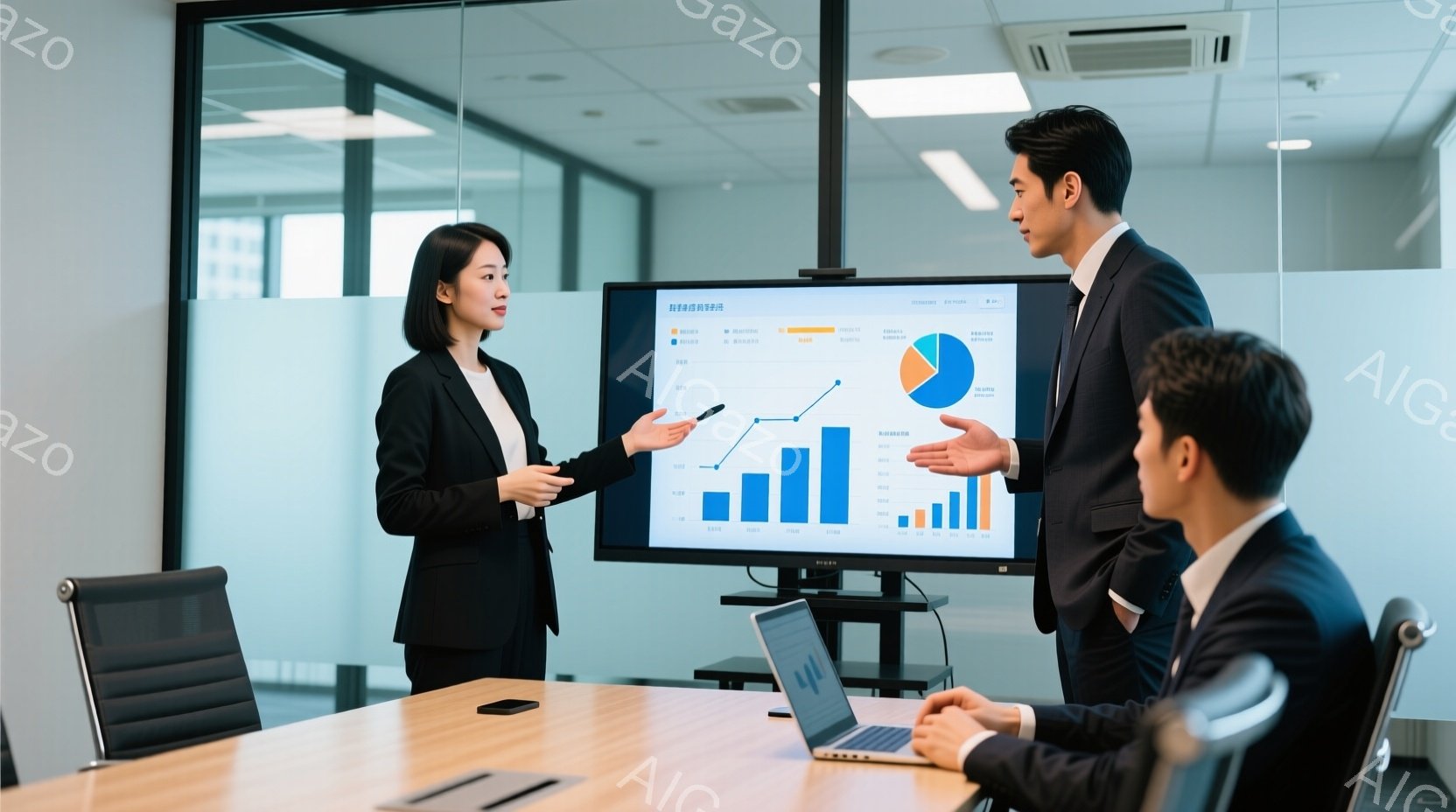 会議室で、一人の女性と二人の男性がビジネス会議に参加している様子が描かれています。女性は黒いスーツを着ており、片手を伸ばして画面を指し示し、真剣な表情で説明しています。男性たちは黒いスーツを着用し、一 - AI生成フリー素材