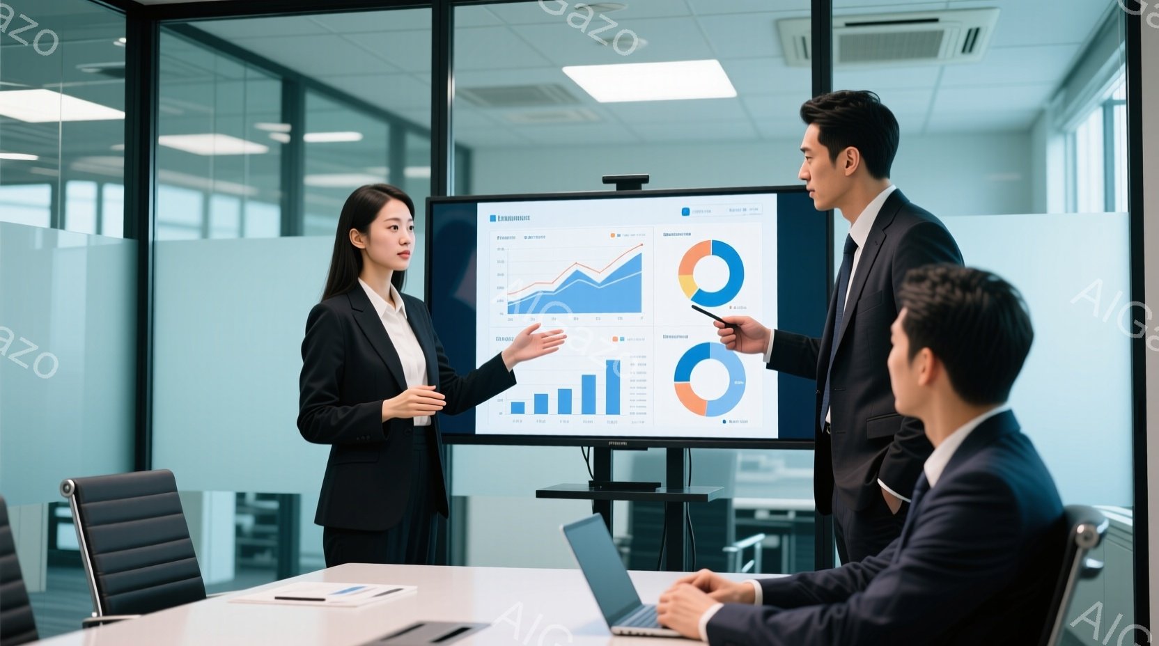 ビジネスシーンの室内で、一人の女性と二人の男性が会議室にいます。女性は黒いジャケットとスカート姿で、プレゼンテーションのために大型スクリーンを指し示し、真剣な表情で説明しています。男性たちはスーツ姿で - AI生成フリー素材