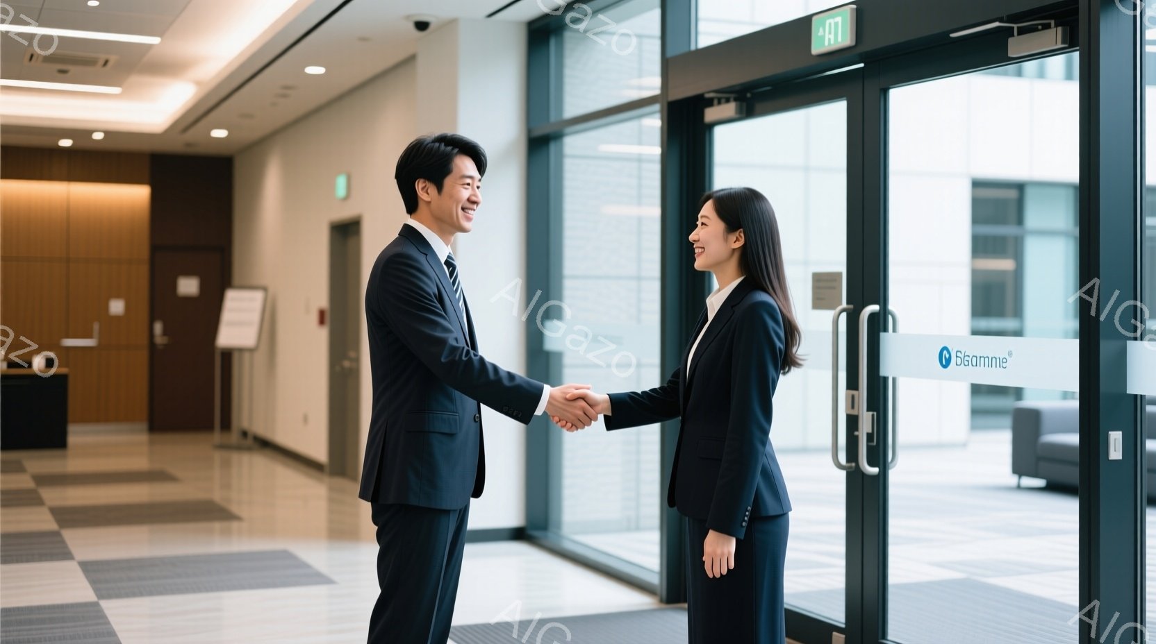 スーツを着た男女が握手をしています。男性は黒髪で笑顔を見せており、女性もまた黒髪で微笑んでいます。背景は、ガラス張りの壁とドアがあり、オフィスや公共施設のロビーのような場所で、明るく清潔な印象を与えま - AI生成フリー素材