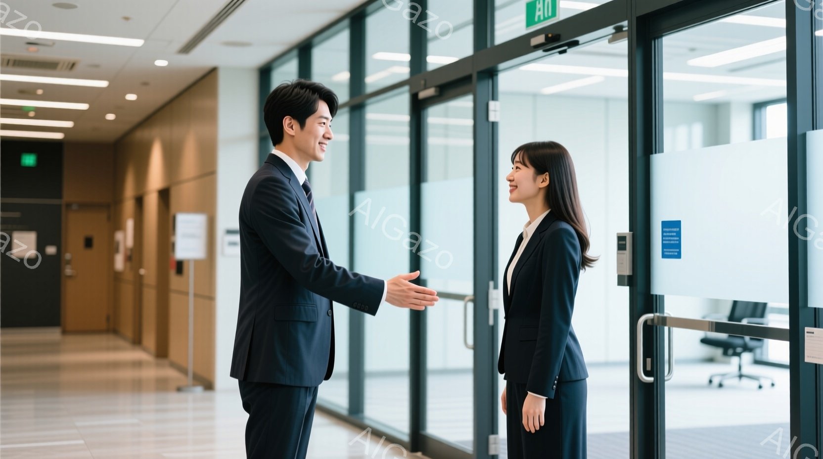 ビジネススーツを着た男女が握手をしています。男性は黒のスーツで、短髪で微笑んでいます。女性は黒のジャケットとスカートのスーツを着ており、ロングヘアで、相手に向かって微笑んでいます。 - AI生成フリー素材