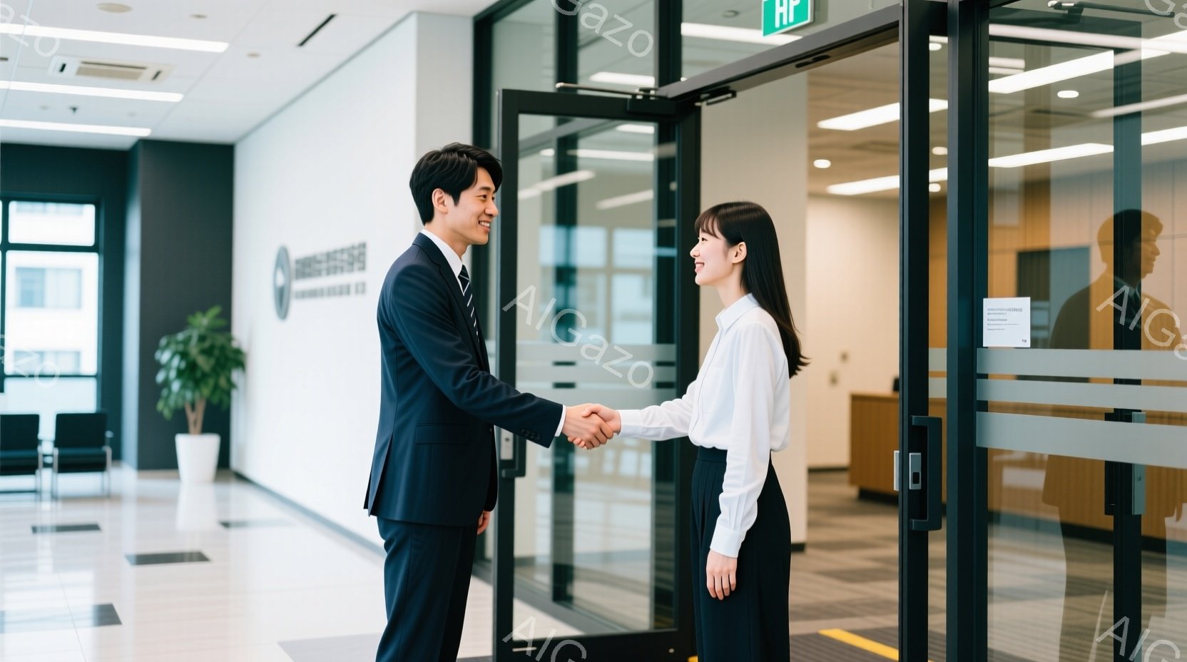 ビジネススーツを着た男性と女性が握手をしています。男性は黒いスーツにネクタイ、女性は白いブラウスに黒いスカートを着用し、共に姿勢を正して笑顔を見せています。背景はガラス張りのオフィス入り口で、明るい光 - AI生成フリー素材