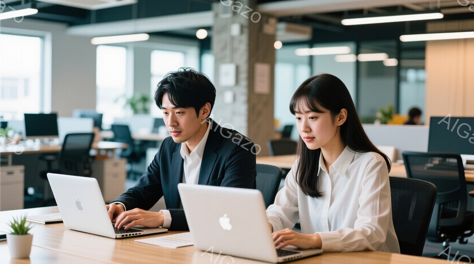 スーツ姿の男女が、オフィスでノートパソコンに向かって作業している様子が写っている。男性は黒いスーツで、短髪で真剣な表情を浮かべ、女性は白いシャツを着ており、長い黒髪を後ろに垂らし、集中してキーボードを - AI生成フリー素材