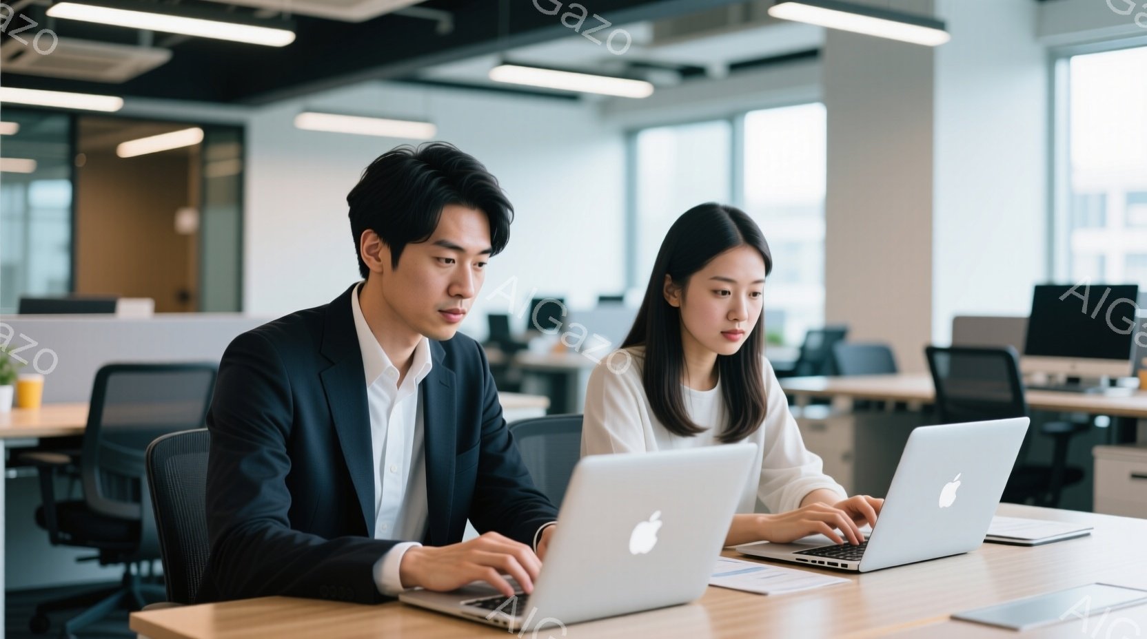 オフィスでラップトップを使用している若い男女が写っています。男性は紺色のジャケットと白いシャツを着ており、女性はベージュ色のニットを着ています。二人は集中した表情でタイピングしており、モダンで明るいオ - AI生成フリー素材