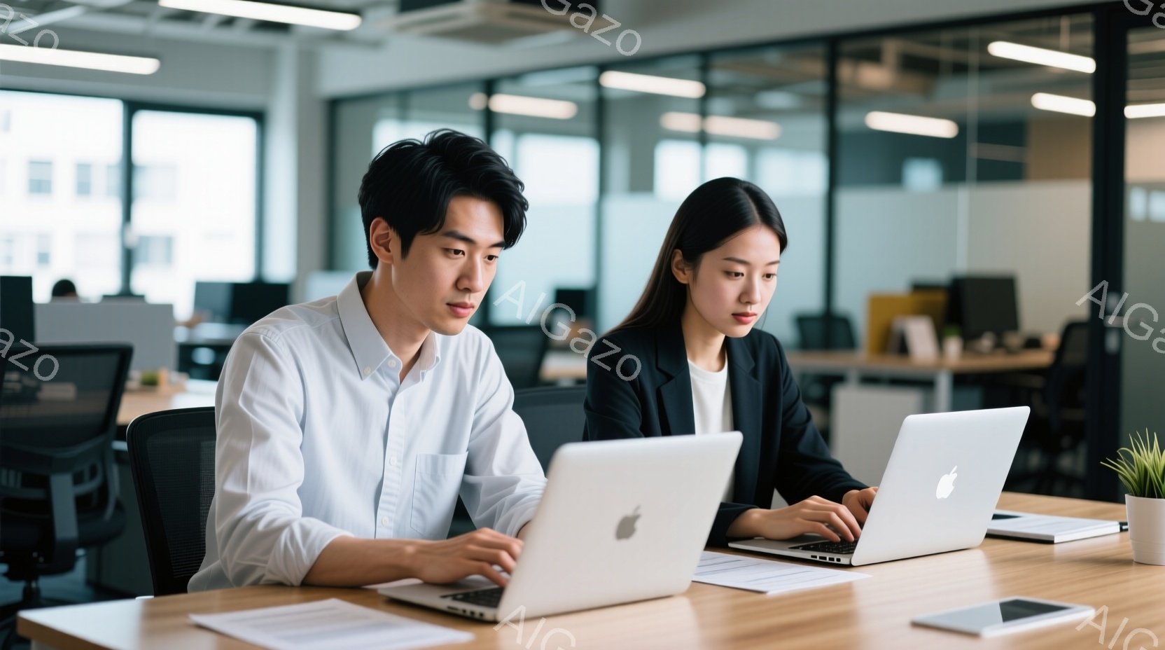 2人のビジネスパーソンがオフィスでノートパソコンに向かっています。男性は白いシャツを着ており、女性は黒いジャケットを着ています。どちらも真剣な表情でキーボードを操作しており、集中して仕事に取り組んでい - AI生成フリー素材