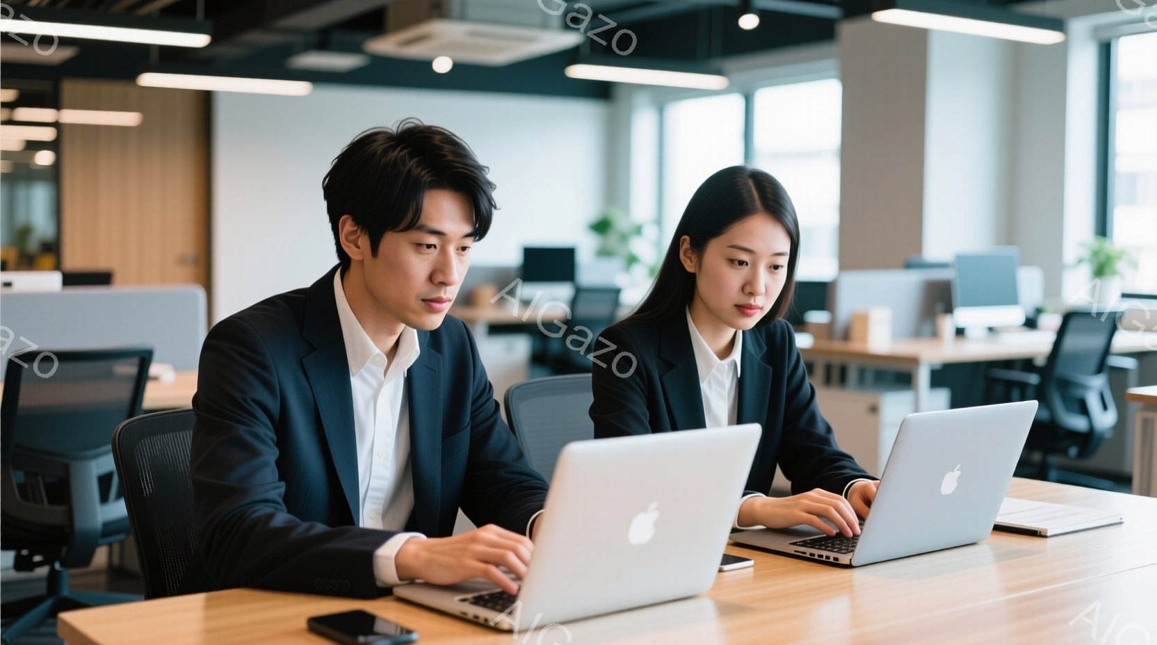2人のビジネスパーソンがオフィスでノートパソコンに向かって作業している様子が写っている。男性は白シャツに黒いジャケット、女性は黒いスーツ姿で、集中した表情でタイピングしている。背景にはオフィススペースが広がり、他のデスクやオフィス機器が見え、全体的に現代的で落ち着いた雰囲気である。