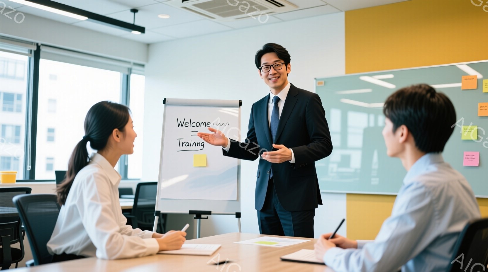 白板の前でプレゼンテーションをしている男性を中心に、２人の女性がテーブルを挟んで座っている様子が写っている。男性は黒いスーツにネクタイ姿で、明るい笑顔を浮かべ、身振り手振りを交えながら話している。室内は明るく、テーブルにはノートやペンが置かれ、白板には「Welcome Training」と書かれた紙が貼られている。