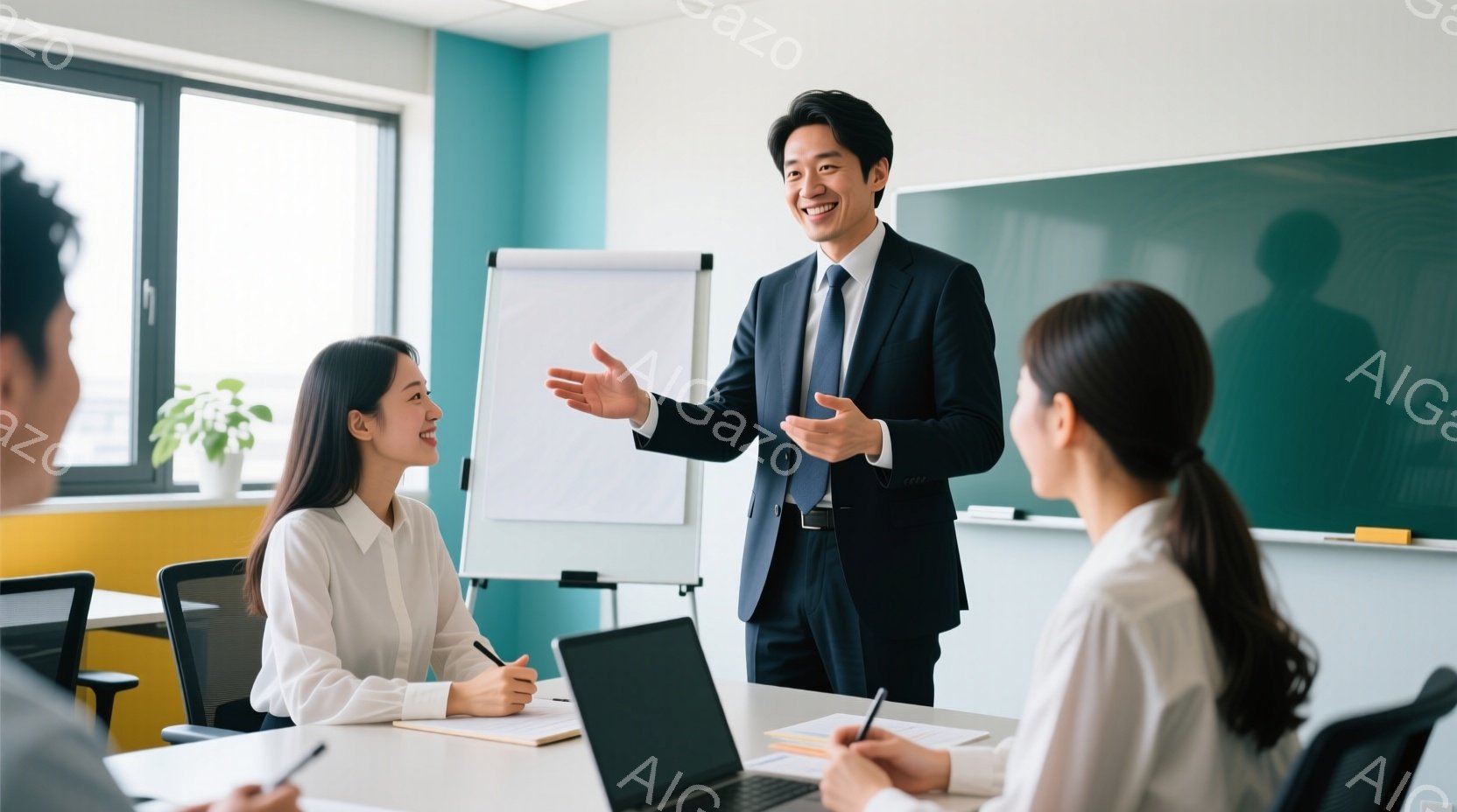 一人の男性が会議室でプレゼンテーションを行っており、スーツにネクタイ姿で、両手を広げて何かを説明しています。参加者は女性を中心に、テーブルを囲んでノートパソコンやメモ帳を手に、熱心に話を聞いています。背景には白いボードがあり、室内は明るく、活気のある雰囲気です。