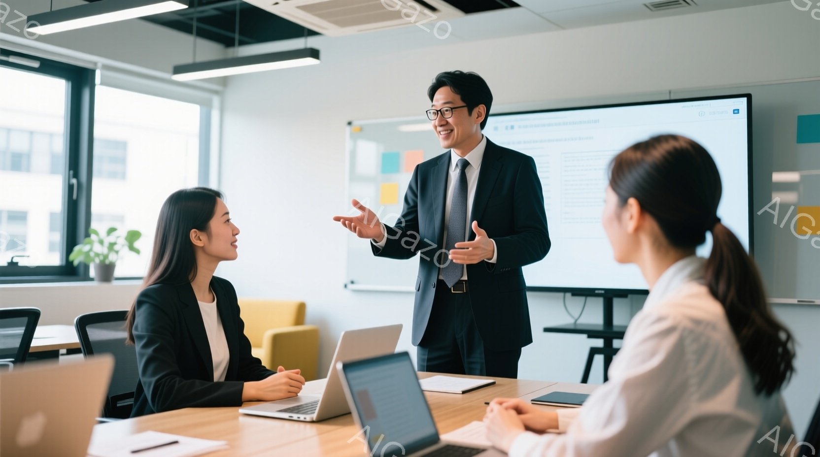 一人の男性が会議室でプレゼンテーションをしている様子が写っている。彼は紺色のスーツと白いシャツ、ネクタイを着用し、両手を広げて何かを説明している。参加者は女性二人で、黒いジャケットを羽織り、パソコンに - AI生成フリー素材