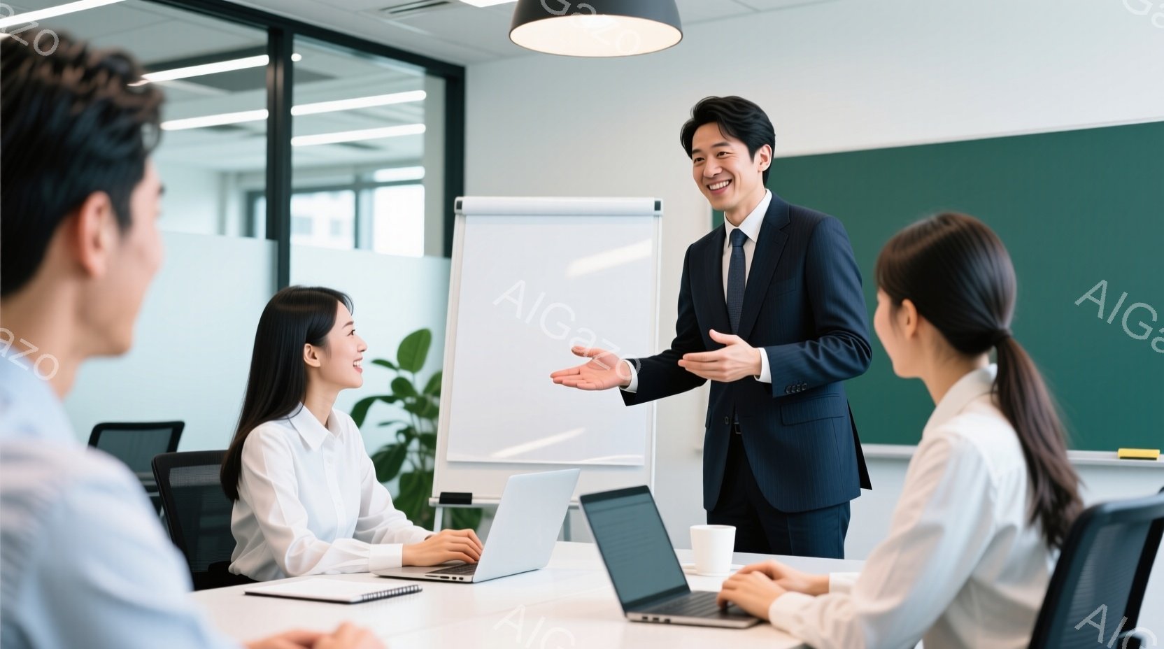 会議室で、一人の男性がスーツを着て、笑顔で何かを説明しています。参加者として、二人の女性がノートパソコンを前に座り、男性の話に耳を傾けています。背景には白いボードと植物があり、明るく現代的な雰囲気です。