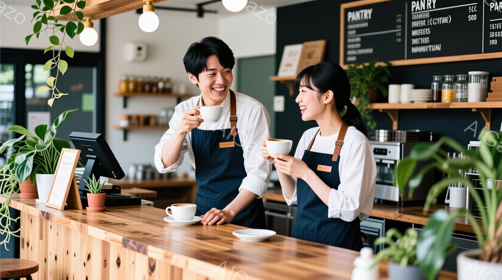 若い男性と女性がカフェのカウンターに立っており、それぞれ白いカップに入ったコーヒーを手に持っています。二人は黒いエプロンを身に着け、笑顔でカメラを見つめており、明るく親しみやすい雰囲気です。背景には植 - AI生成フリー素材