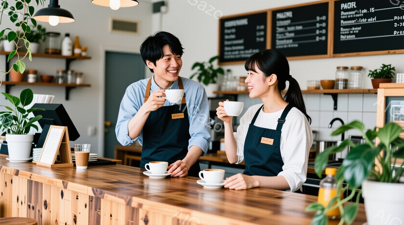 エプロンを着た若い男女がカウンター越しに微笑み合いながらコーヒーカップを持っています。男性は黒髪で、女性はロングヘアを後ろでまとめています。背景にはコーヒー豆やグラスが並んだ棚、そしてメニューが書かれ - AI生成フリー素材