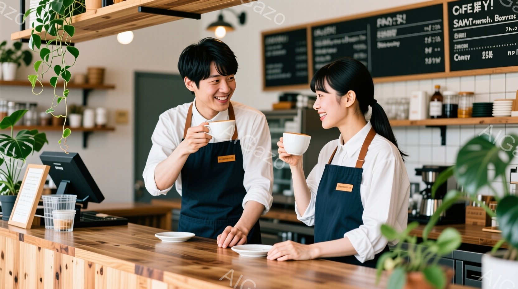 カフェのカウンターで笑顔で向かい合う男女が写っています。二人はエプロンを着用し、片手に白いカップを持っており、リラックスした雰囲気で会話を楽しんでいるようです。背景には、植物やメニューボードが見え、明るく清潔感のあるカフェの内部であることがわかります。