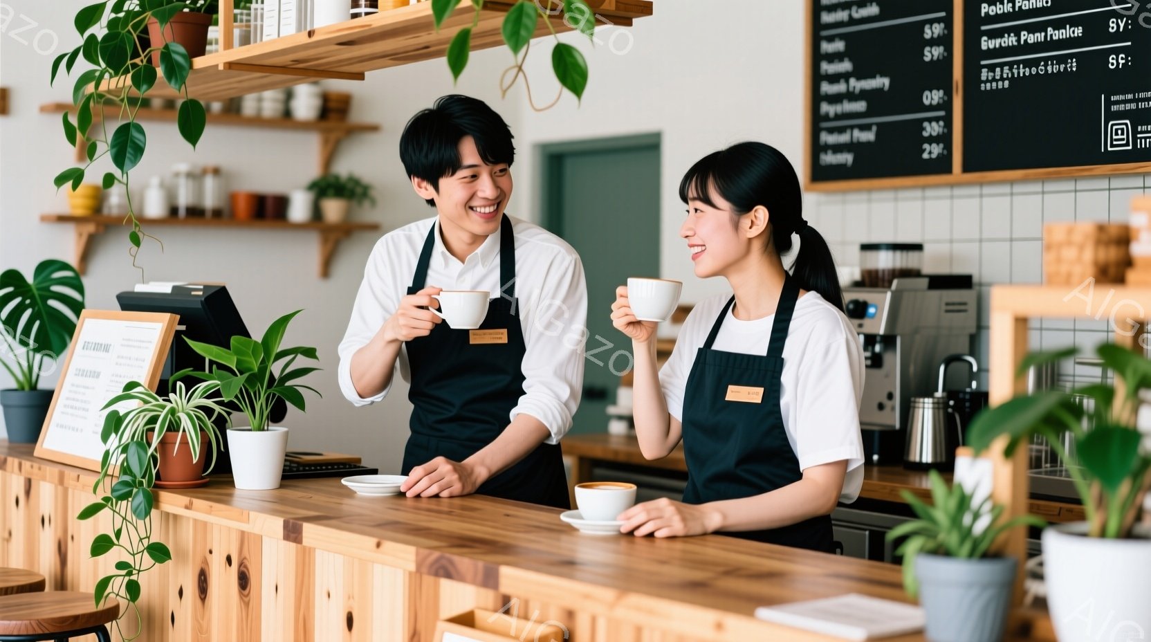 明るいカフェのカウンターに、男女の店員が立っている。二人は白いシャツに黒いエプロンを着用し、それぞれカップに入ったコーヒーを手に持ち、笑顔で互いを見つめている。背景には植物やコーヒー器具が並び、木製のカウンターと壁が温かい雰囲気を醸し出している。