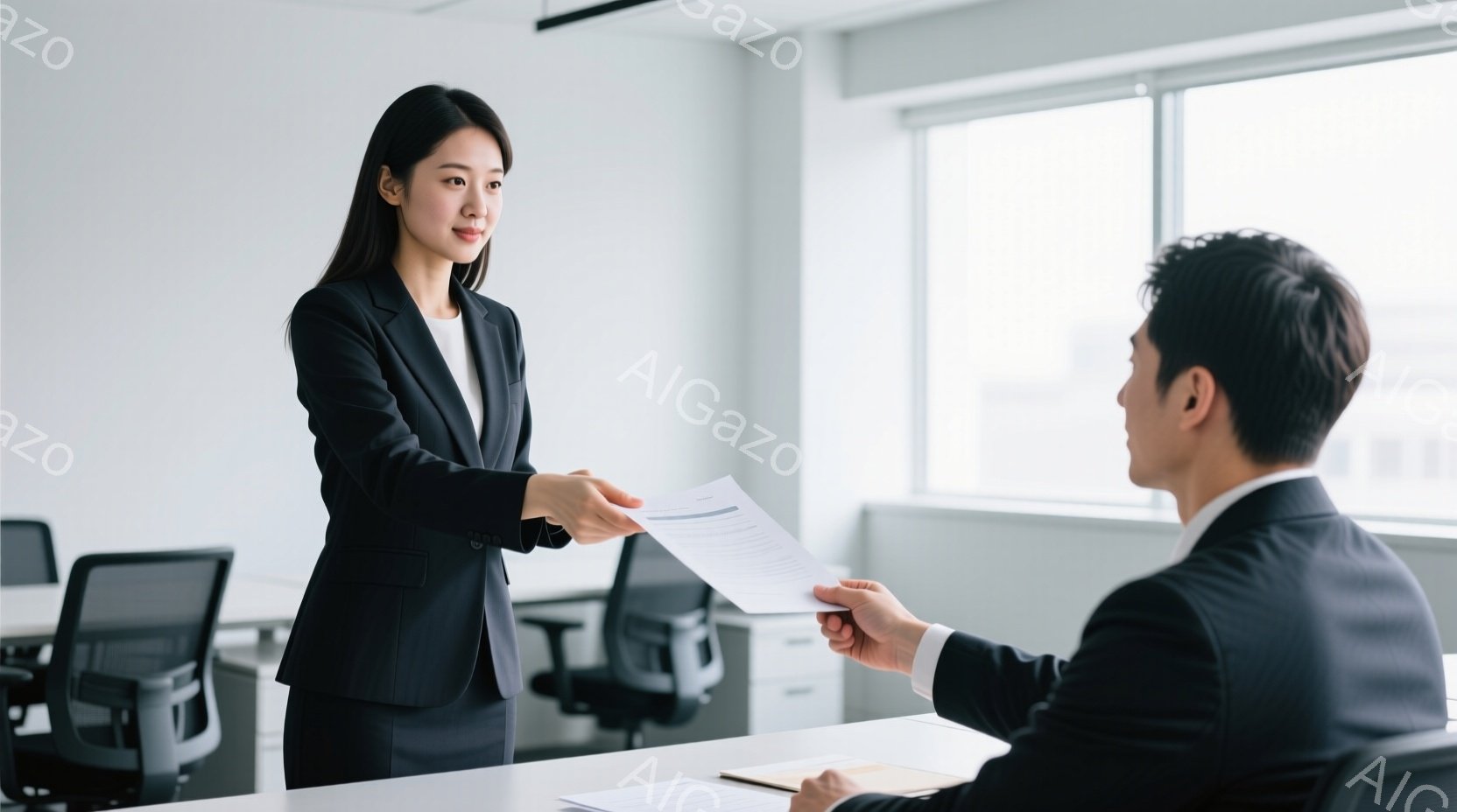 一人の女性が書類を男性に渡している場面で、両者ともビジネススーツを着用し、真剣な表情を浮かべている。背景はオフィスで、白を基調とした清潔感のある空間で、いくつかのオフィスチェアが見える。全体として、ビジネスシーンにおける重要なやり取りを捉えた、プロフェッショナルな雰囲気の画像である。