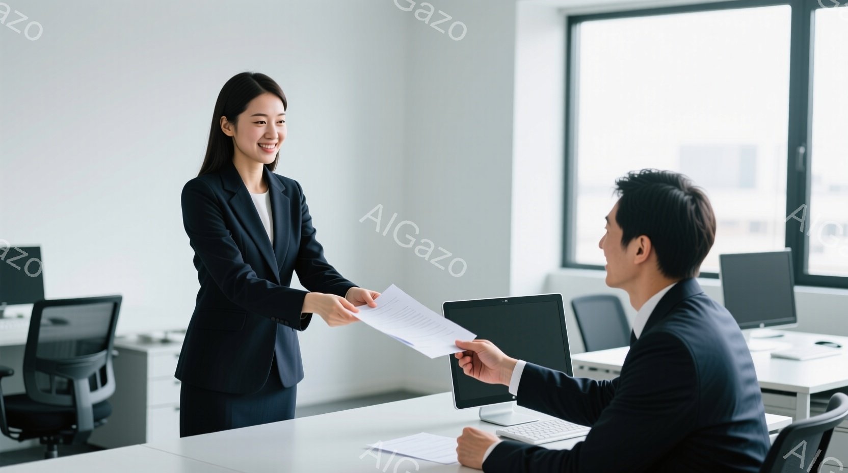 一人の女性が書類を男性に渡している場面だ。女性は黒いスーツを着ており、髪は後ろでまとめて、笑顔で書類を差し出している。男性もスーツを着ており、書類を受け取る姿勢で、オフィス内の明るい空間で面接や書類の - AI生成フリー素材