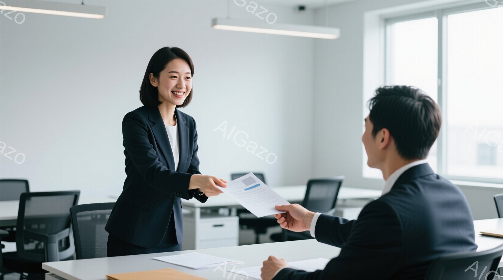 一人の女性が書類を別の男性に渡している場面です。女性は黒いジャケットと白いブラウスを着ており、明るい笑顔を浮かべています。背景はオフィスで、白いテーブルと椅子が並び、清潔で明るい雰囲気です。