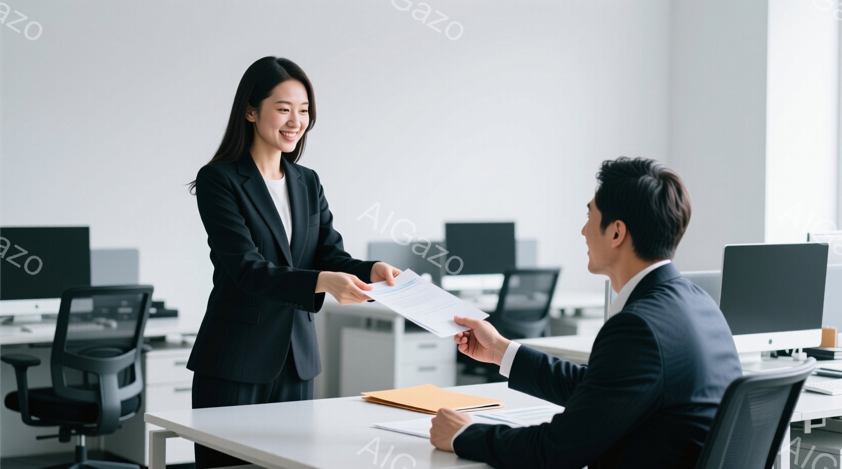 一人の女性が書類を男性に手渡しているオフィス内の様子が写っている。女性は黒いスーツを着ており、髪は後ろにまとめている。男性も黒いスーツを着ており、書類を受け取る姿勢をとっている。