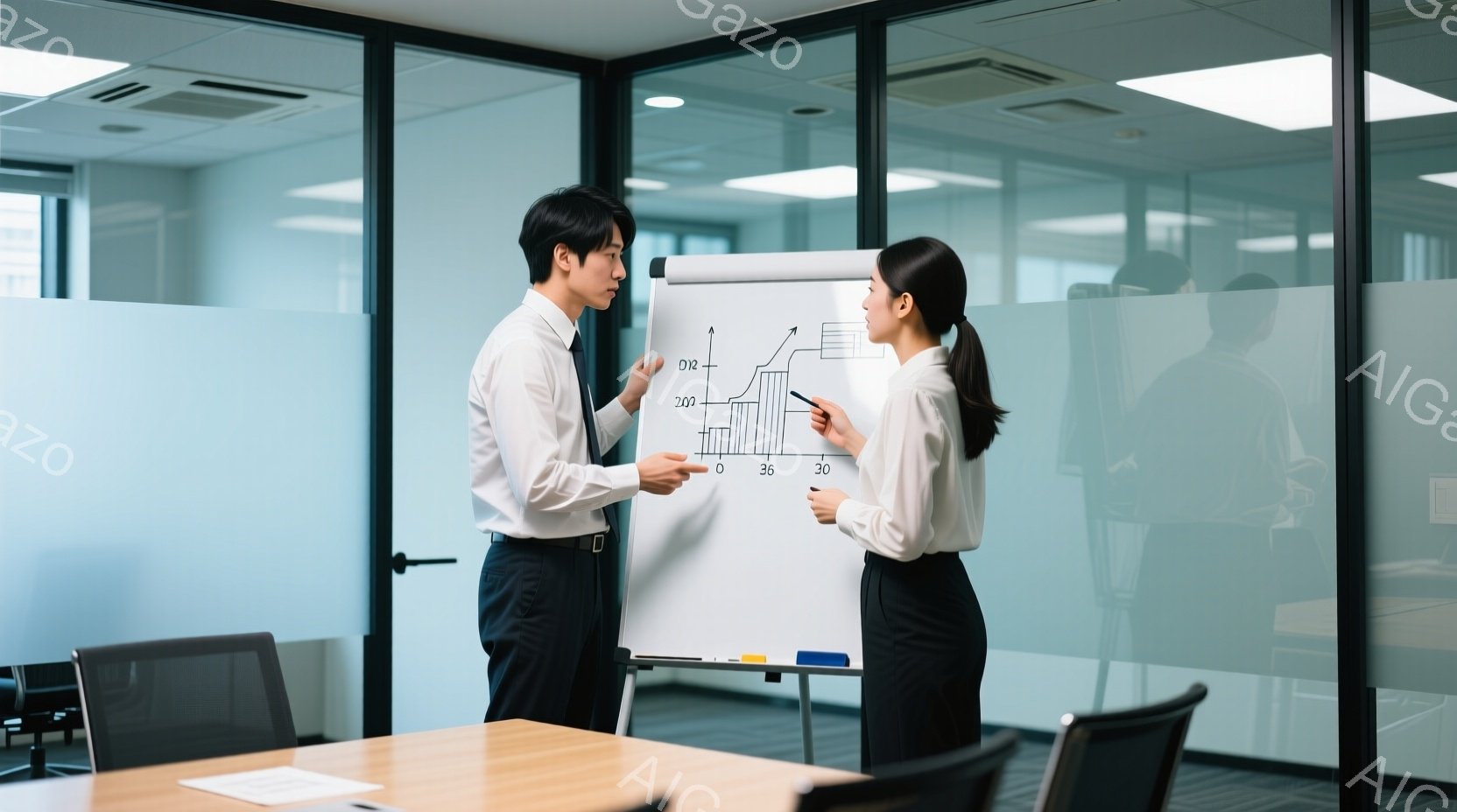 白いシャツに濃い紺色のパンツを着用した男女が、オフィスでホワイトボードの前で立っている。男性は右手を上げてグラフを指し示し、女性は左手を伸ばしてマーカーを持っている。背景には大きな窓があり、オフィス内の家具や設備が見え、全体的に洗練されたビジネスの雰囲気が漂っている。