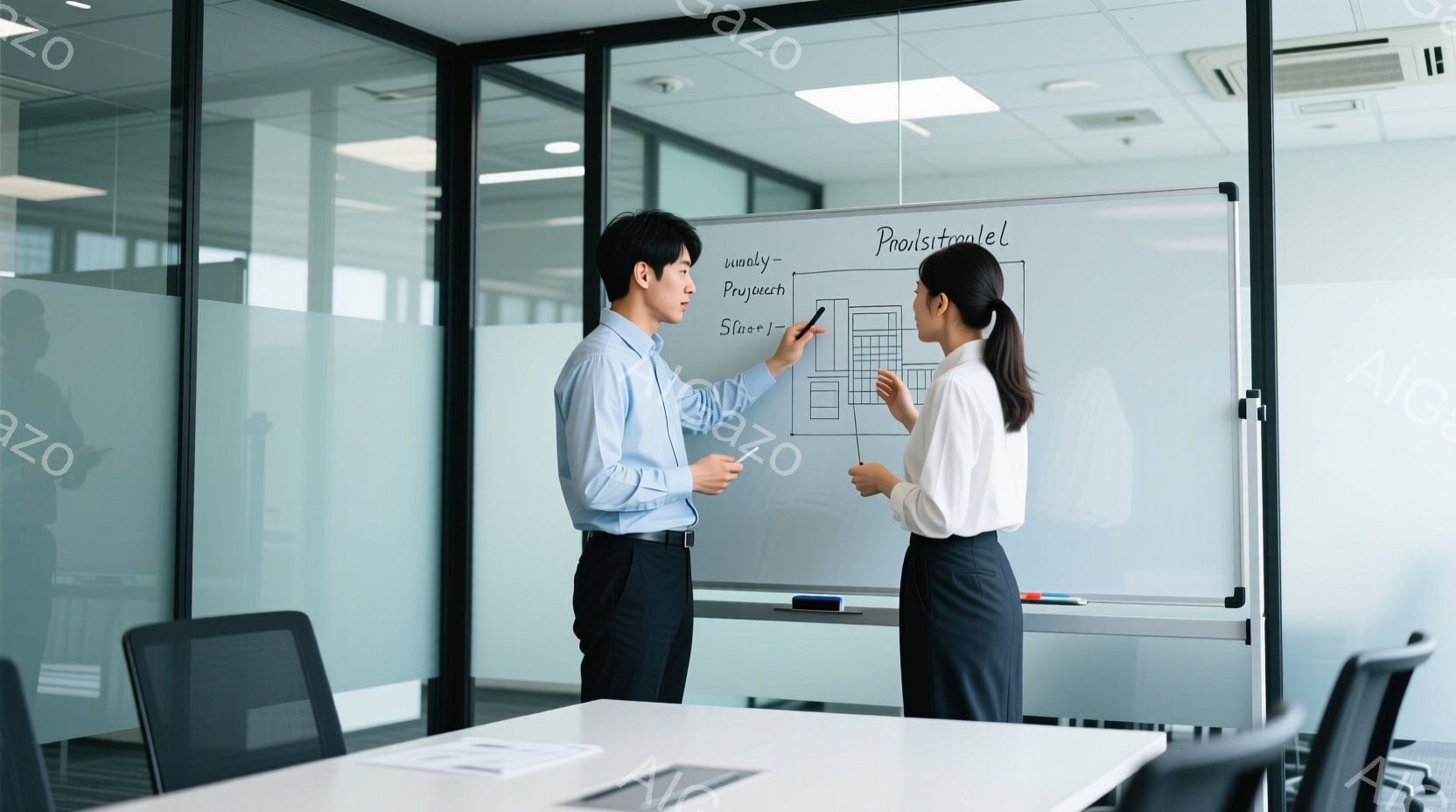 白いシャツに黒いズボンを着用した男性と、白いブラウスに黒いスカートを着用した女性が、ホワイトボードの前で議論している様子が写っている。男性はペンを持ち、ホワイトボード上の図を指し示し、女性はわずかに前かがみになり、熱心に聞いている。背景にはオフィス空間が広がり、明るく清潔感のある雰囲気である。