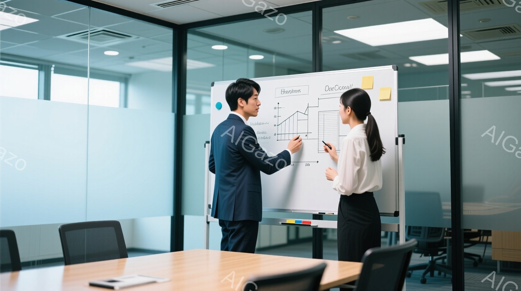 ビジネスマンとビジネスウーマンが会議室でホワイトボードを見ている。男性は紺色のスーツを着ており、女性は白いブラウスと黒いスカートを着ている。二人はホワイトボードのグラフを指しながら、真剣な表情で議論している様子で、室内は明るく清潔な雰囲気である。