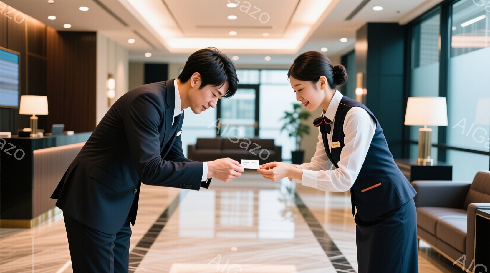 男性客と女性接客員が会話をする中で、お土産のお小遣いを交換します。男性は単色のスーツに髪型はショートカット、表情は警戒しています。女性接客員は専用制服を着用、お土産を渡しています。周囲は閉じた空間であり、高級ホテルのロビーに見られるようなインテリアが楽しめます。