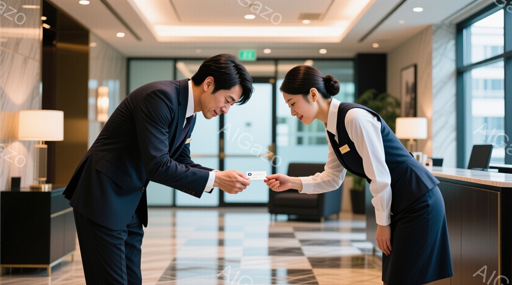 ビジネスマンとホテルの受付係の女性が、受付カウンターで名刺交換をしている場面です。ビジネスマンは紺色のスーツを着ており、女性はネイビーの制服に白のブラウスを着て、髪をきっちりと後ろでまとめています。背 - AI生成フリー素材