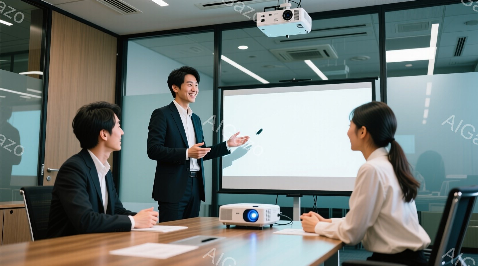 会議室で、一人の男性がプレゼンテーションをしている様子が写っている。彼は黒いスーツに白いシャツを着ており、笑顔で何かを説明している。参加者は女性二人で、それぞれ白いブラウスを着て、真剣な表情で彼を見ている。