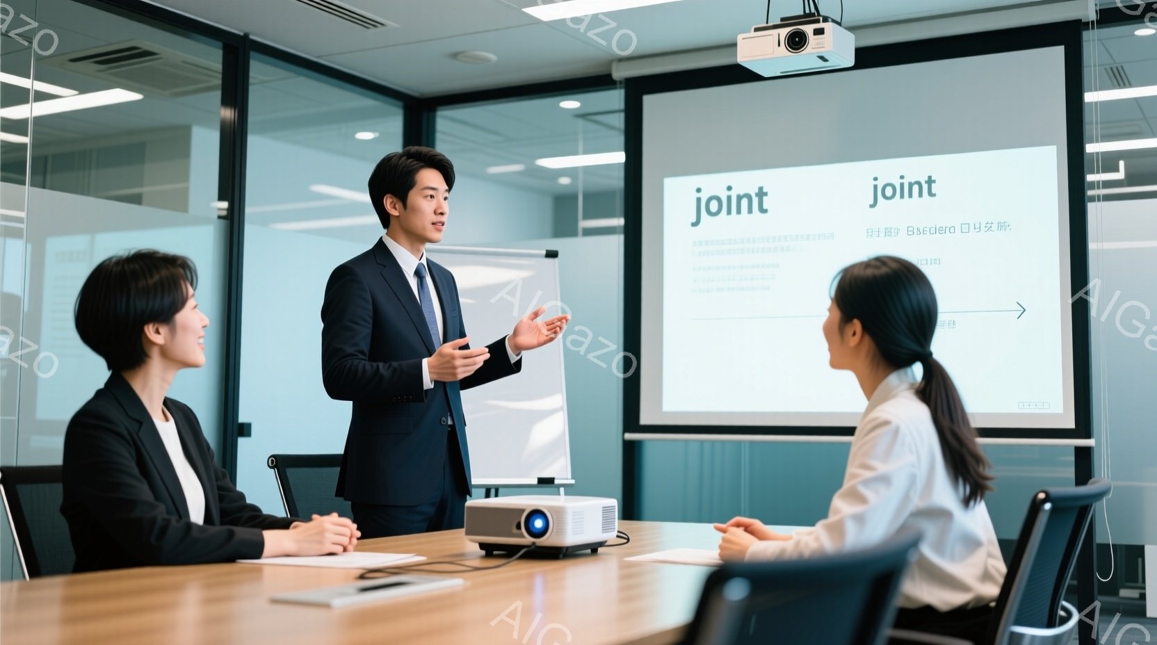 会議室で、一人の男性と二人の女性が座っています。男性は紺色のスーツを着ており、片手を挙げて何かを説明しているようです。女性たちはスーツ姿で、男性の話を熱心に聞いている様子です。 - AI生成フリー素材