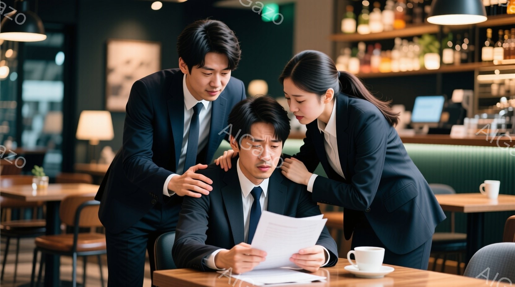 三人のビジネスマンまたはビジネスウーマンがカフェのような場所でテーブルを囲んでいる。男性はスーツとネクタイ姿で、書類を見つめて困った表情をしている。女性二人はそれぞれ彼の肩に手を置き、心配そうに見守っている様子は、彼を励まそうとしているかのような雰囲気を醸し出している。