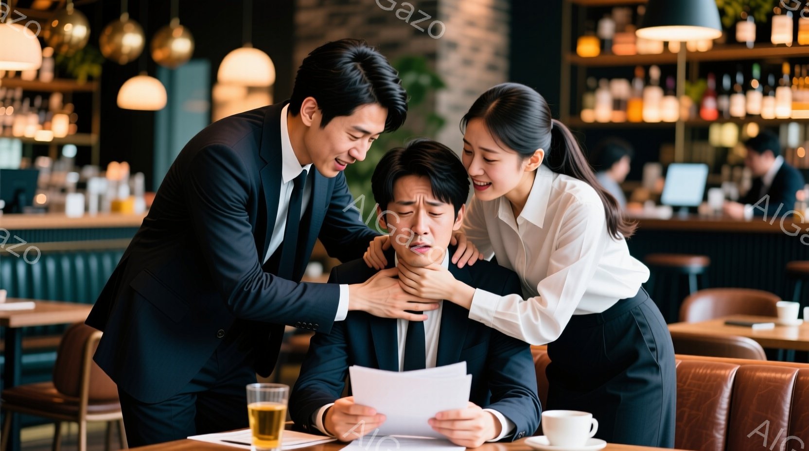 日本語で説明すると「ビジネスマンの友人たちがカフェでお疲れな時間を過ごすシーン」となります。中央に座っている男性は感動しているようで、周りの3人は興味深そうな情緒を表しています。全体的に明るく、友好的な雰囲気が漂っています。