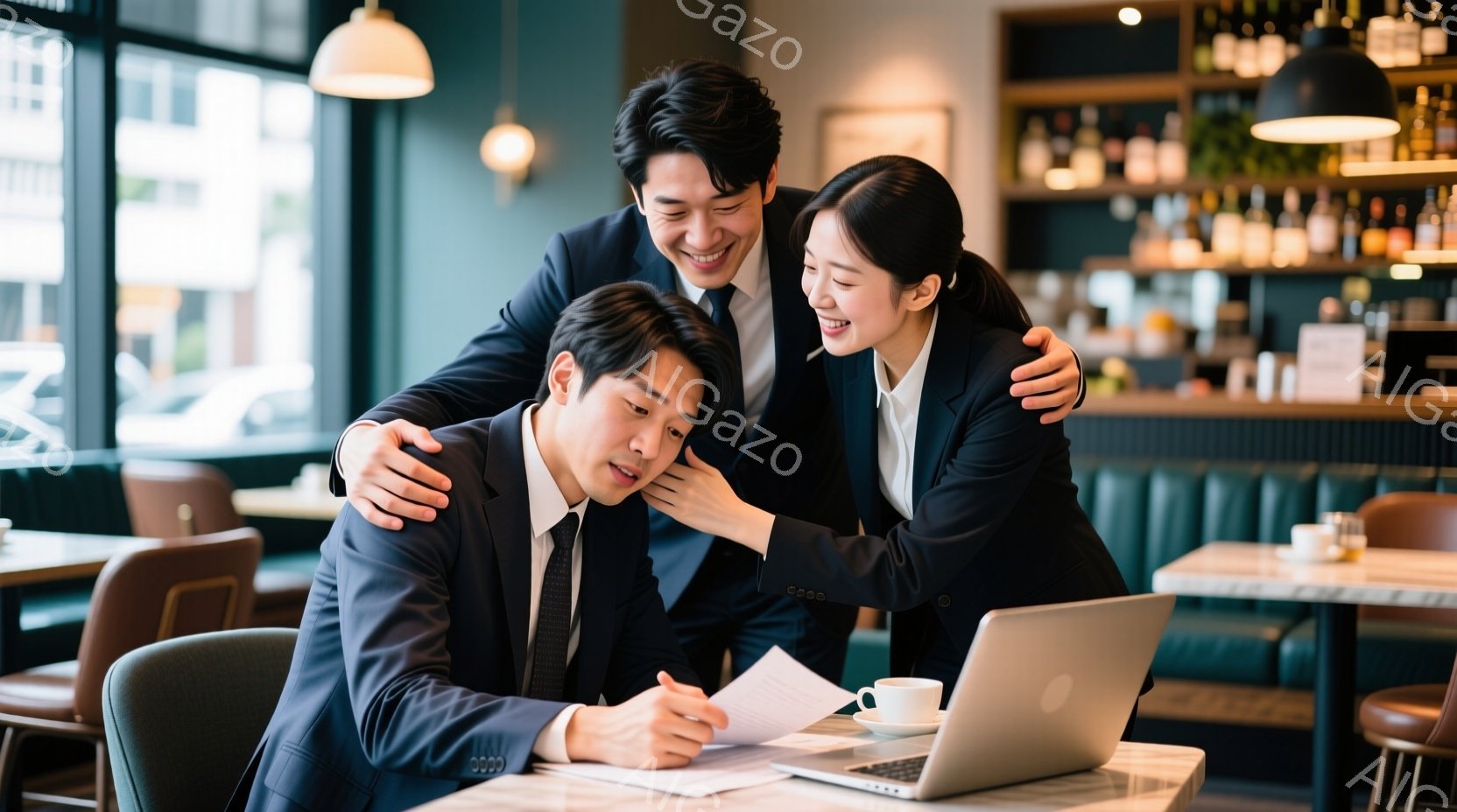 スーツ姿の男女がカフェでノートパソコンと書類を見ている様子が写っています。男性は黒髪で、書類に集中して見つめており、女性は肩を抱きながら笑顔で彼を見ています。背景にはカフェのカウンターやテーブル、そし - AI生成フリー素材