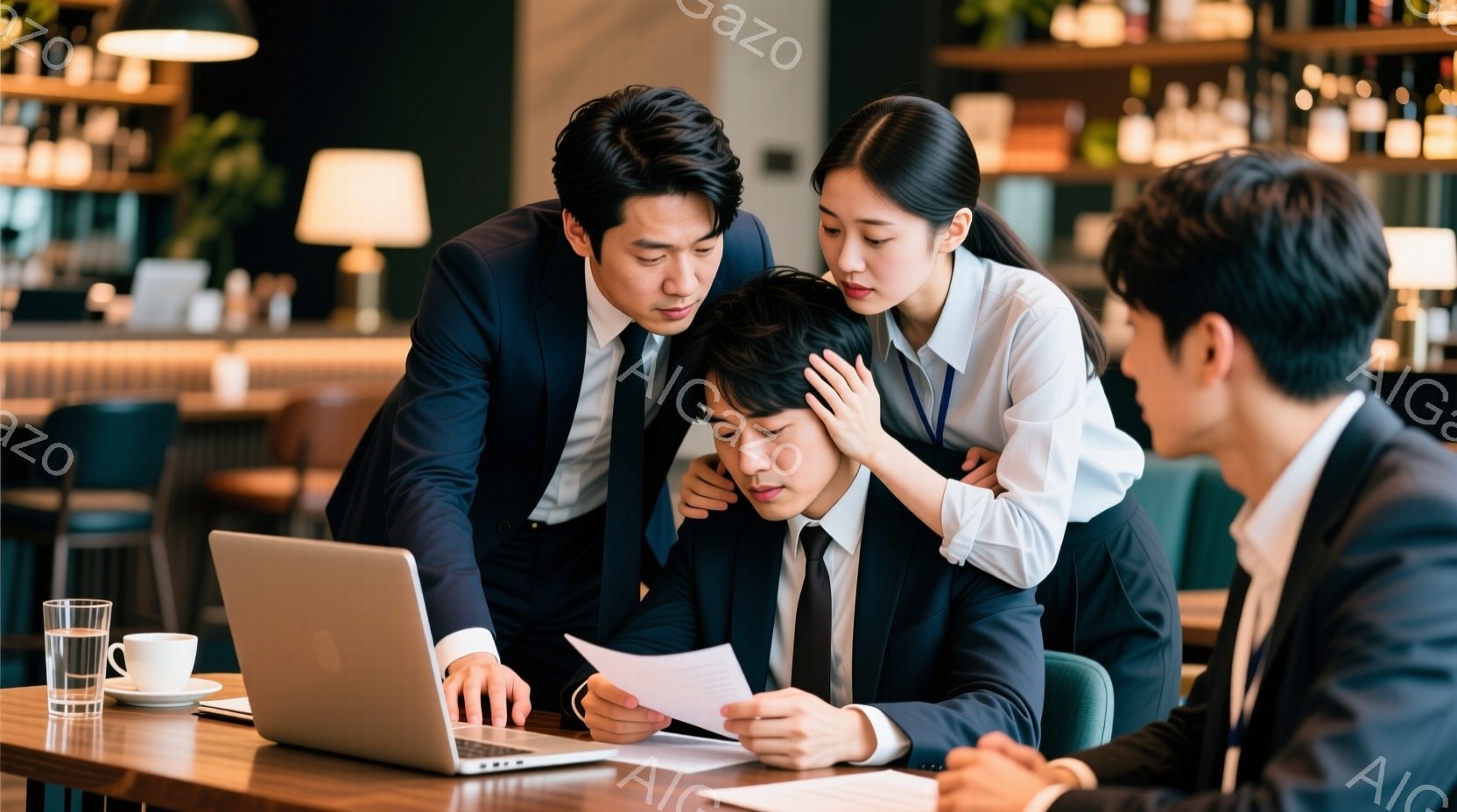 紺色のスーツを着た3人のビジネスマンと女性が、ノートパソコンと書類を囲んで座っています。女性は困ったように額を抑え、男性たちはパソコン画面や書類を指しながら何かを説明しているようです。背景にはバーカウンターがあり、落ち着いた雰囲気の中で、何らかの課題について真剣に話し合っている様子が伺えます。