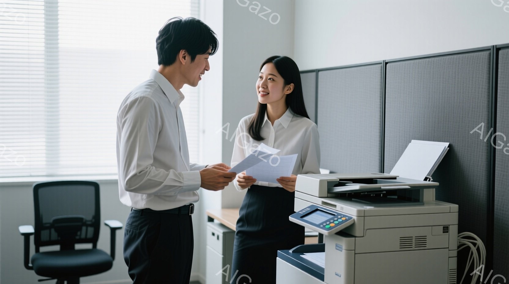 オフィスで、一人の男性と一人の女性がコピー機の前で書類を見ながら話しています。男性は白いシャツに黒いズボンを着用し、女性は白いブラウスに黒いスカートを着用しています。二人は書類を見ながら微笑み、友好的な雰囲気です。