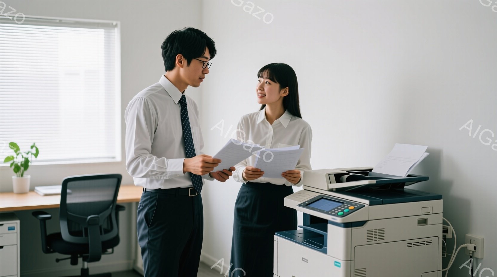 オフィスで、一人の男性と一人の女性がコピー機の前で書類を見ながら話しています。男性は白いシャツにネクタイ、濃い色のズボンを着用し、女性は白いブラウスに濃い色のスカートを着用しています。背景にはオフィス家具が見え、室内は明るく清潔な印象を与えます。