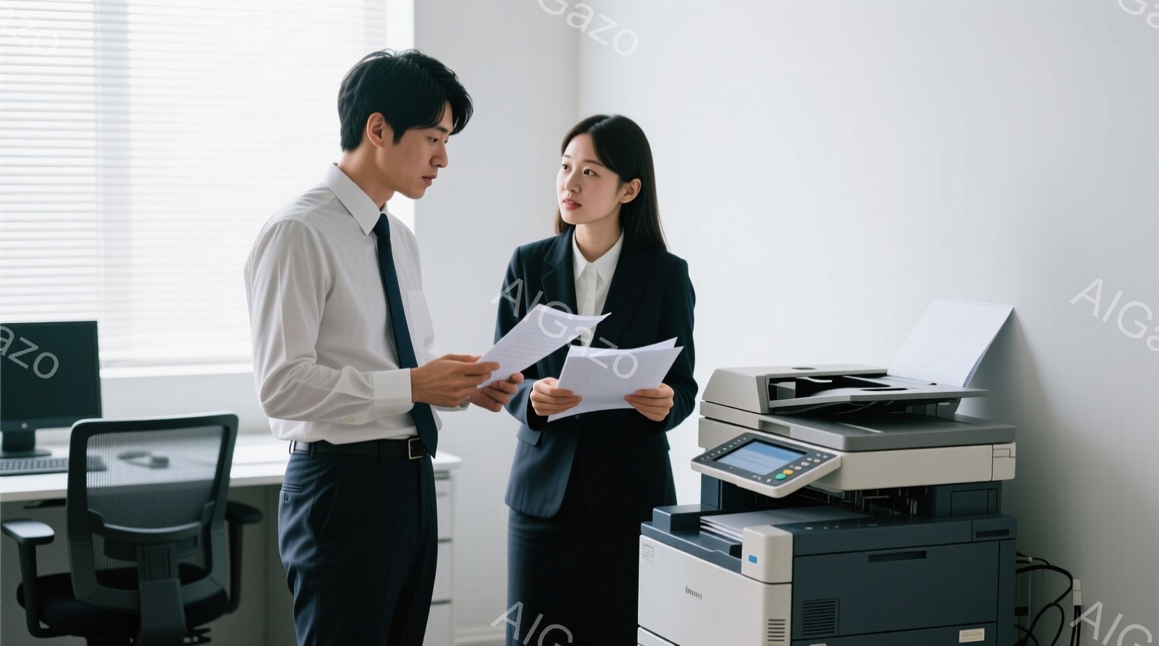 事務所で、一人の男性と一人の女性がコピー機の前で書類を見ている。男性は白いシャツに黒いズボン、女性は黒いスーツを着ており、少し真剣な表情で書類をチェックしている。背景にはオフィス家具が見え、全体的に落ち着いた雰囲気である。