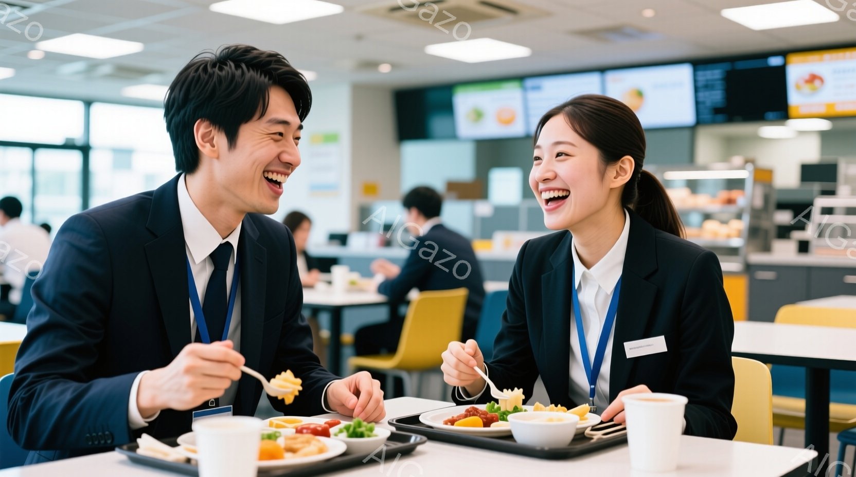 二人の若いビジネスパーソンが、明るい食堂で食事を楽しんでいる様子が写っている。彼らは紺色のジャケットと白いシャツ、ネクタイ姿で、笑顔を浮かべ、お互いに視線を合わせている。背景には他の人々が食事をしてい - AI生成フリー素材