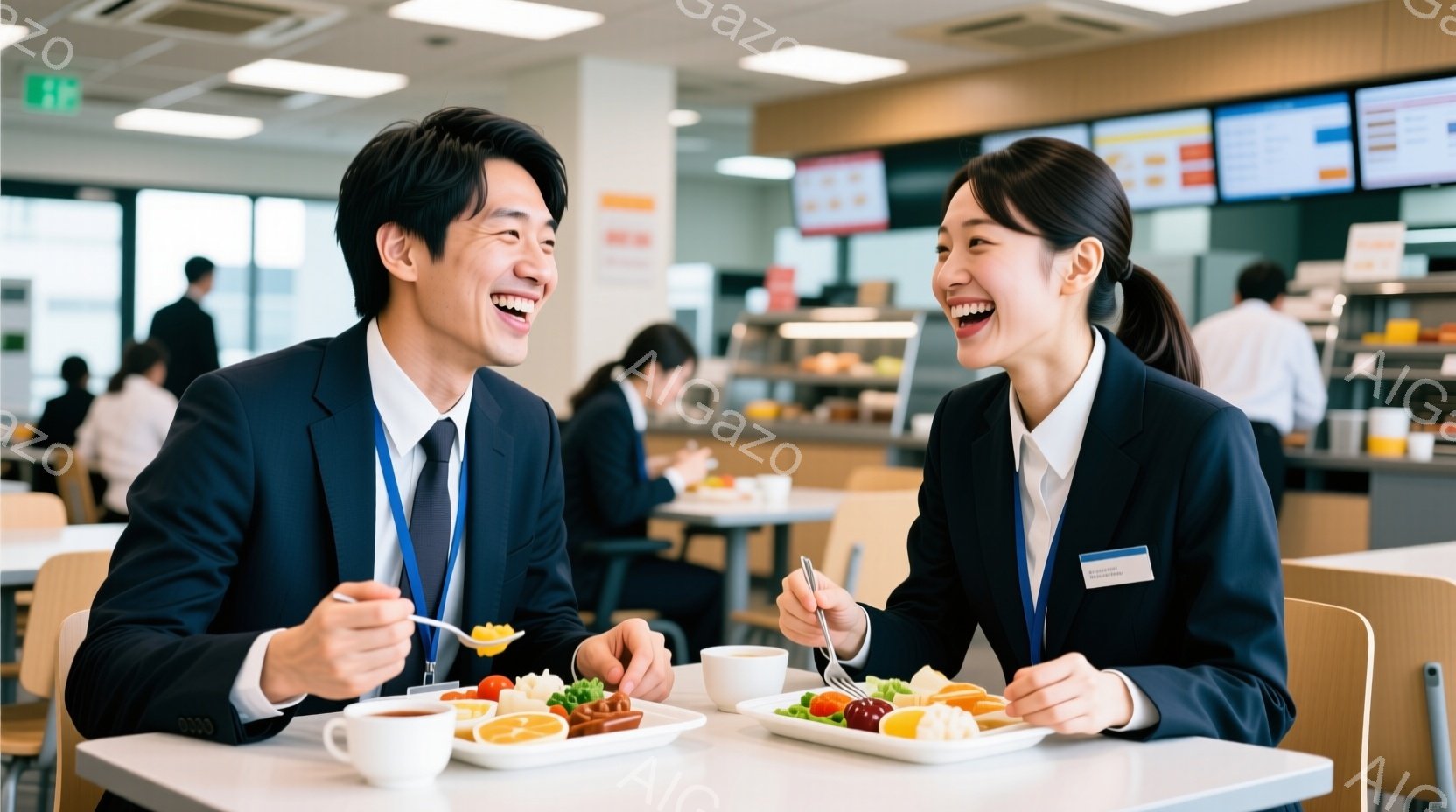 明るい食堂で食事をする男女が写っています。彼らは紺色のジャケットを着ており、名札をつけています。二人は笑顔で互いを見つめ合い、サラダとご飯をフォークとスプーンで楽しんでいます。