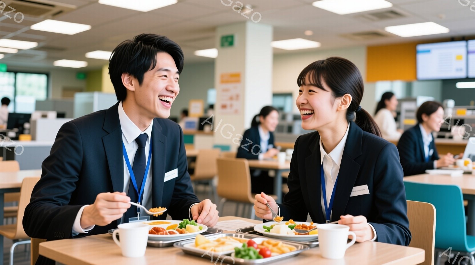 明るい食堂で食事をする若いビジネスマンとビジネスウーマンが写っています。二人は紺色のジャケットに白いシャツ、ネクタイ、身分証のようなものが首から下げており、楽しそうに微笑みながら食事を楽しんでいます。背景には他の社員が食事をしている様子や、明るい照明、テーブル、椅子が見え、全体的に活気があり、親しみやすい雰囲気です。