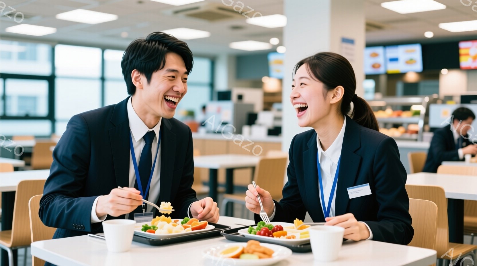 制服を着た若い男女が食堂で食事を楽しんでいる様子が写っている。二人は笑顔で互いを見つめ、トレ―に載ったサラダやフルーツをフォークで食べようとしている。背景には他の人々やテーブル、そして明るい光が差し込む食堂の様子が見え、全体的に明るく活気のある雰囲気が漂っている。