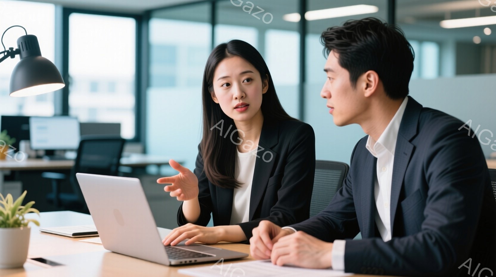 職場を背景に、一人の女性と一人の男性が膝を組んで座り、ノートパソコンの画面を見ながら熱心に話し合っています。女性は黒いジャケットに白いシャツを着ており、髪は後ろにまとめている。男性はスーツを着ており、真剣な表情で女性の話に耳を傾けています。