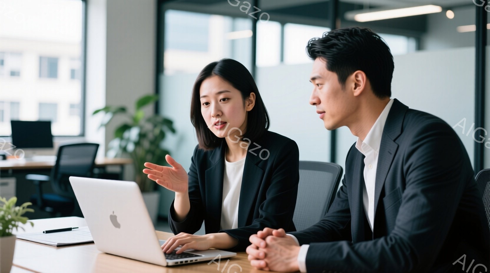 スーツ姿の男女がオフィスでノートパソコンに向かい合っている。女性は黒髪のショートヘアで、少し顎を上げ、何かを説明しているような表情をしている。男性はネクタイを締め、両手を重ねて女性の話に熱心に耳を傾け - AI生成フリー素材