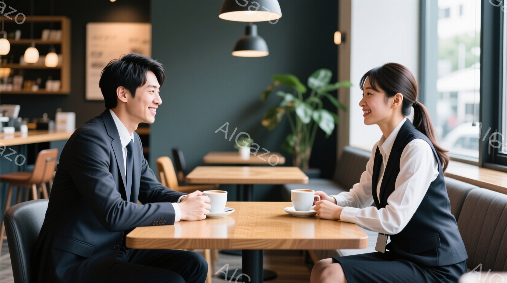 室内で、スーツ姿の男女が向かい合って座り、コーヒーを楽しんでいます。男性は黒いスーツにネクタイを締め、笑顔で女性を見つめています。女性は白いブラウスに黒いスカート、ベストを着用し、穏やかな笑顔を浮かべ - AI生成フリー素材
